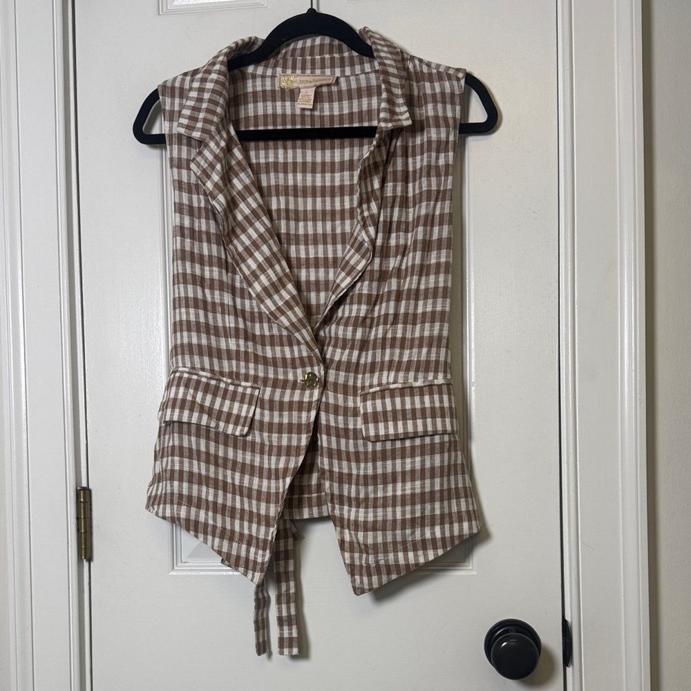 Brown Gingham Linen Blend Vest L Coastal Summer Cottagecore Picnic Layering Top